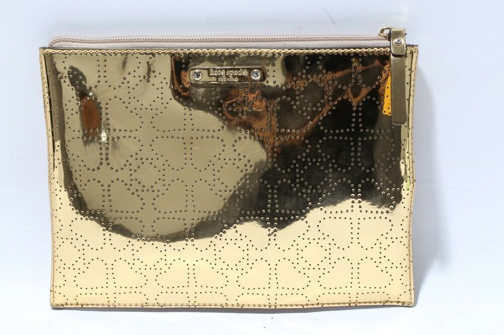 KATE SPADE Gold Metallic Zipper Travel Make up Clutch Bag